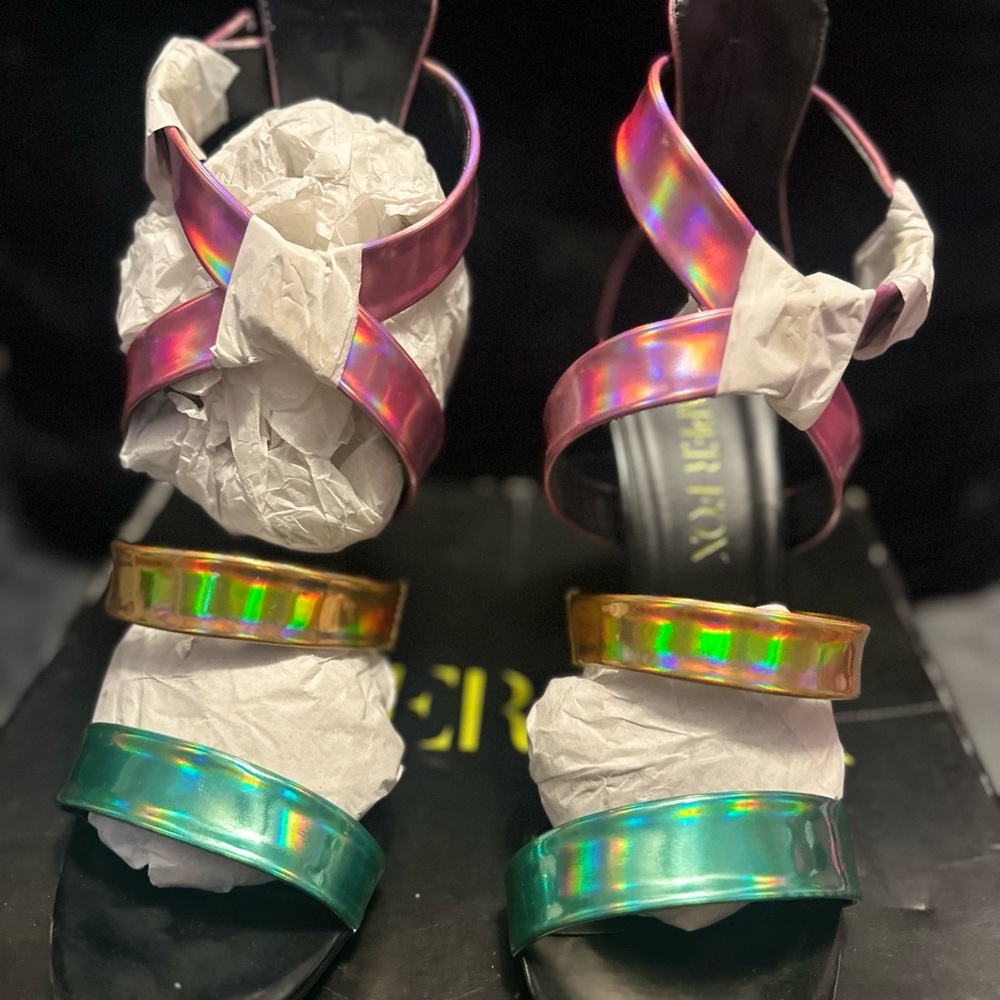 Paper Fox Pink, Gold, and Green Holographic Heels
